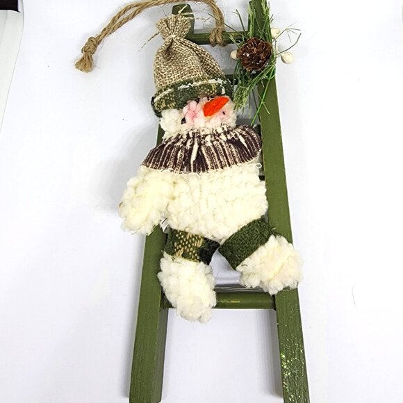 Plush Snowman Climb Green Ladder Cottage Farmhouse Christmas Holiday Ornament - Picture 9 of 10